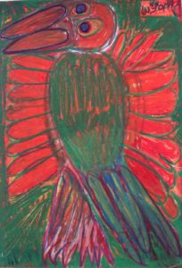 standing-paradise-bird-2014-oil-pastel-on-paper-70-x-50-cm